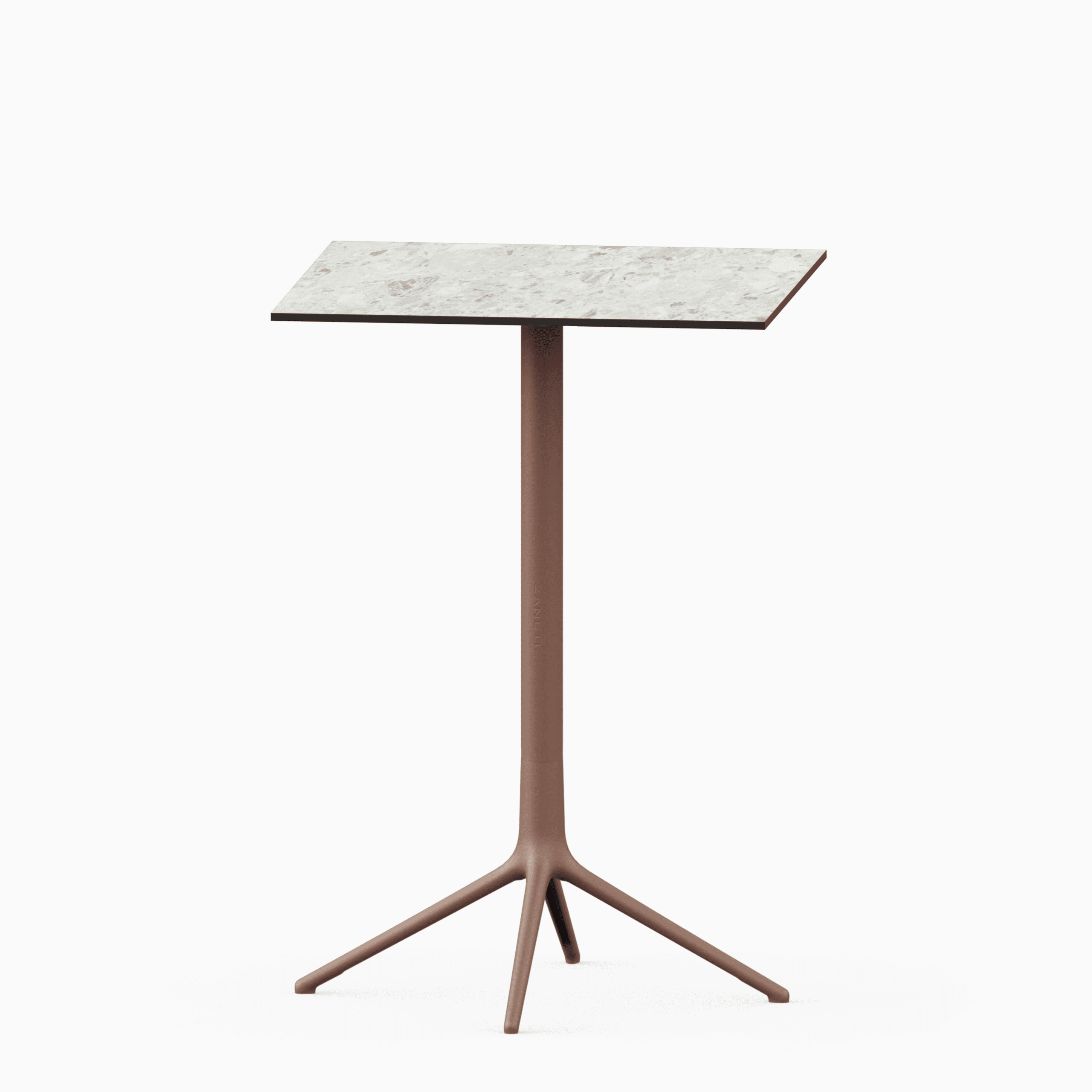 Square table with compact laminate top and cast aluminium base.