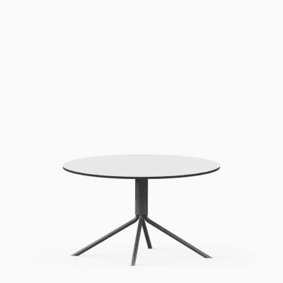 Round compact‑laminate coffee table with aluminium base.