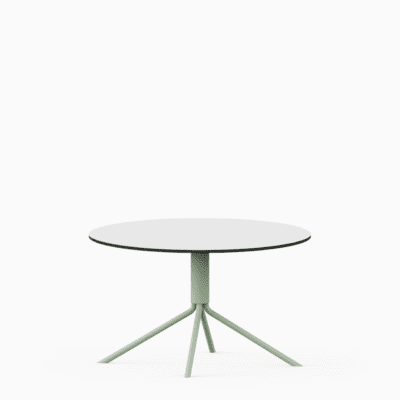 Round compact‑laminate coffee table with aluminium base.