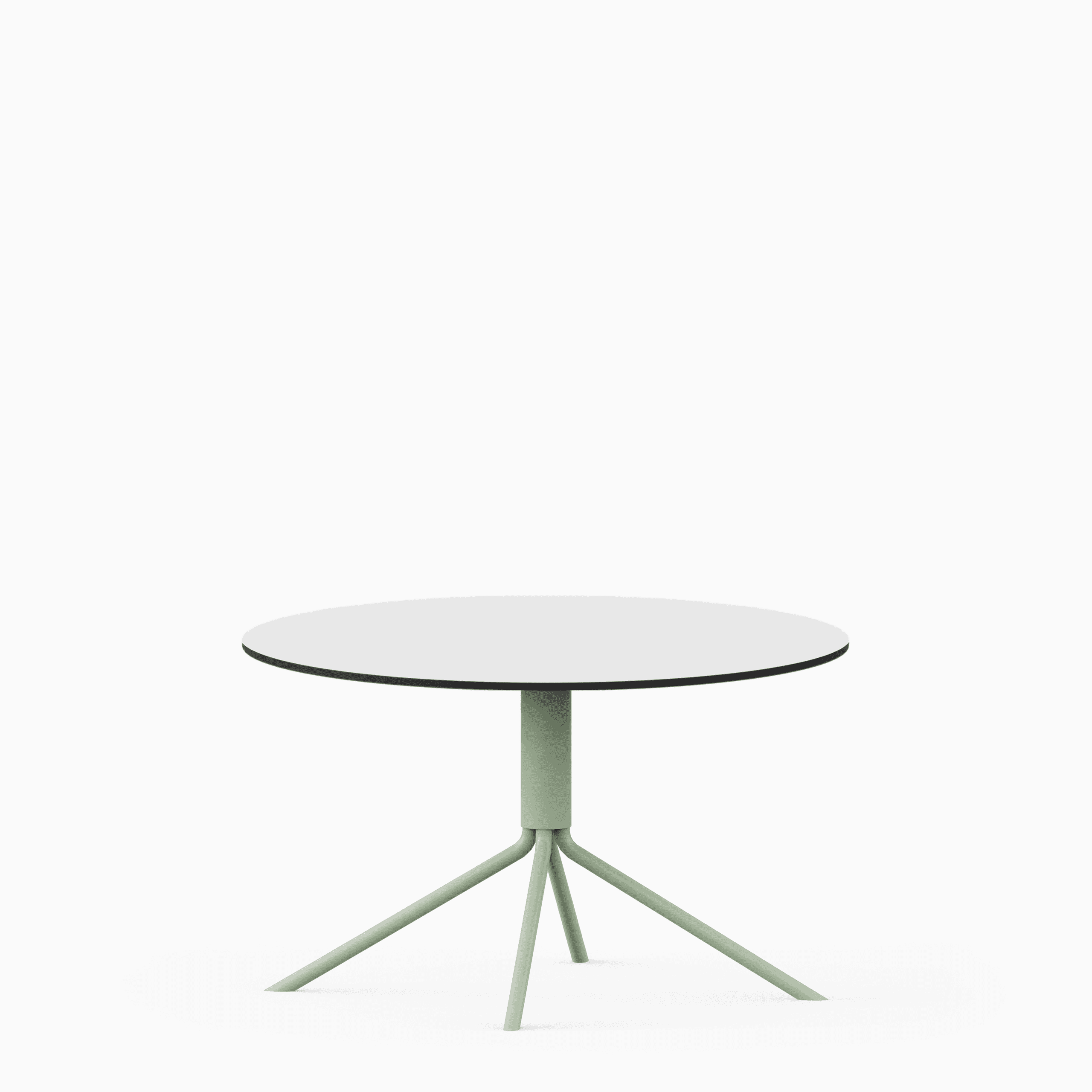 Round compact‑laminate coffee table with aluminium base.