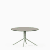 Round compact‑laminate coffee table with aluminium base.