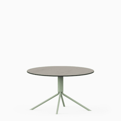 Round compact‑laminate coffee table with aluminium base.
