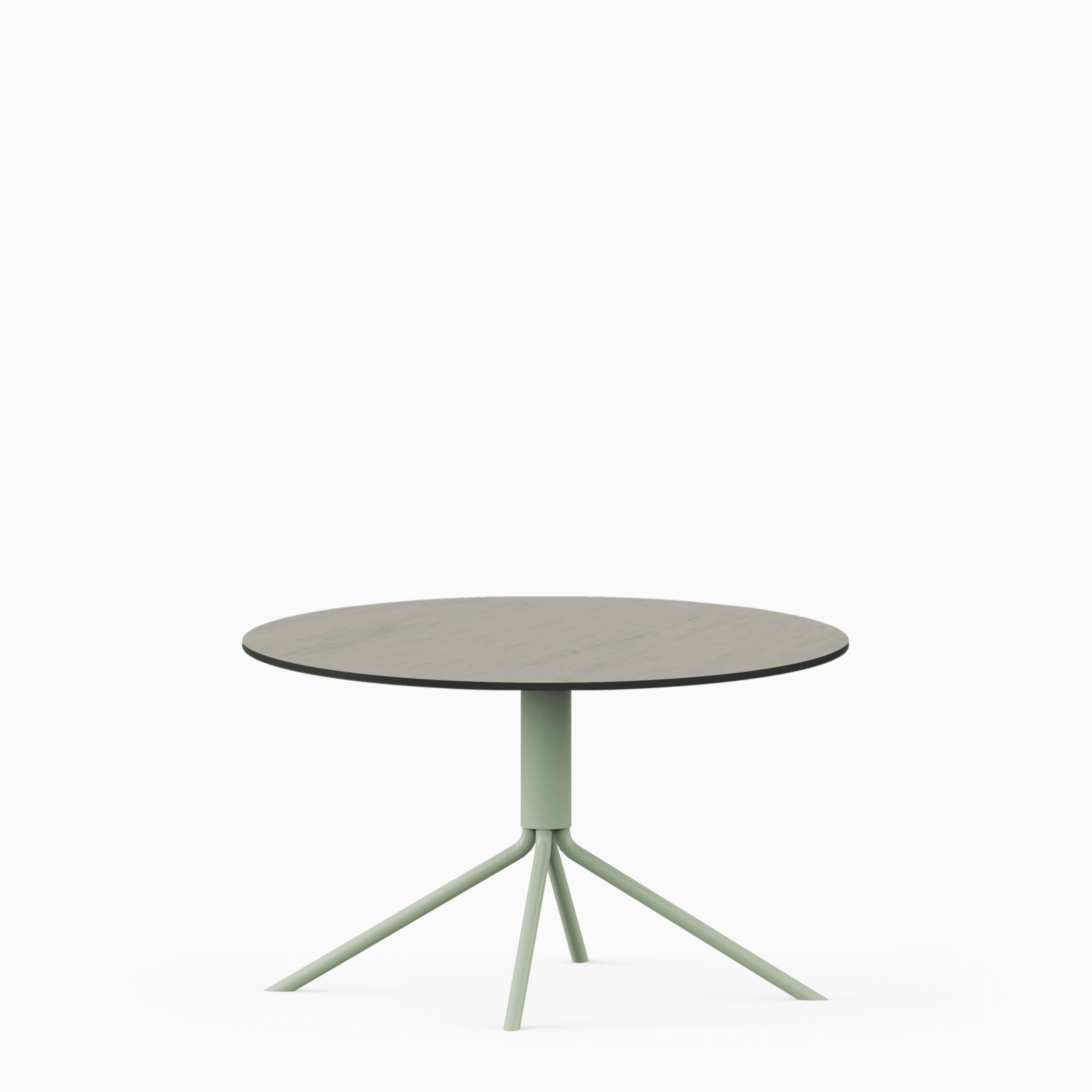 Round compact‑laminate coffee table with aluminium base.