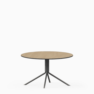 Round compact‑laminate coffee table with aluminium base.