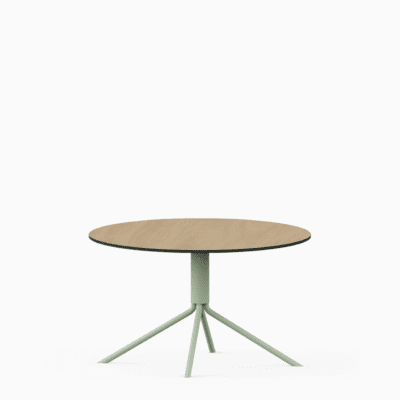 Round compact‑laminate coffee table with aluminium base.