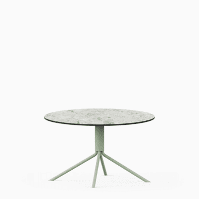 Round compact‑laminate coffee table with aluminium base.