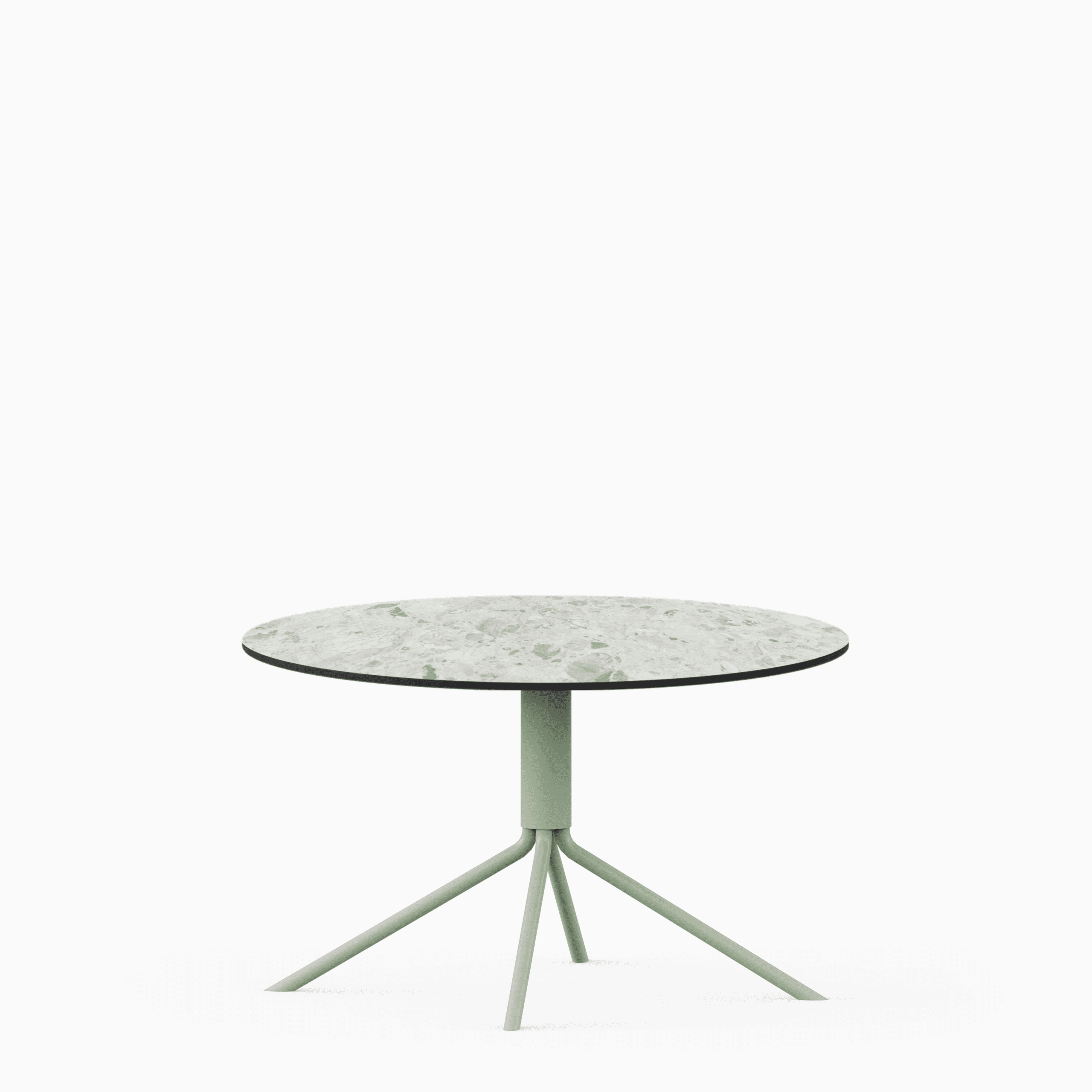 Round compact‑laminate coffee table with aluminium base.