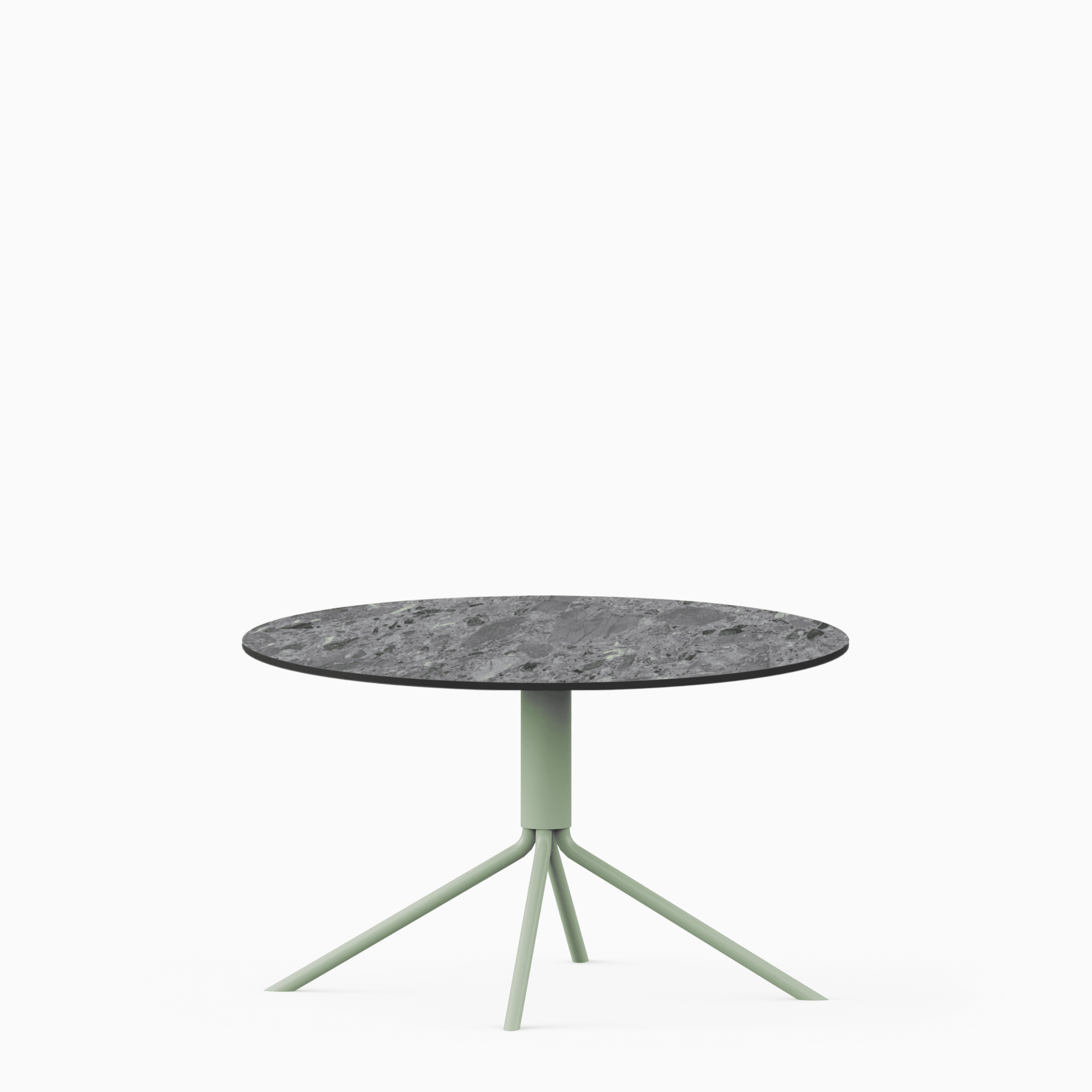 Round compact‑laminate coffee table with aluminium base.