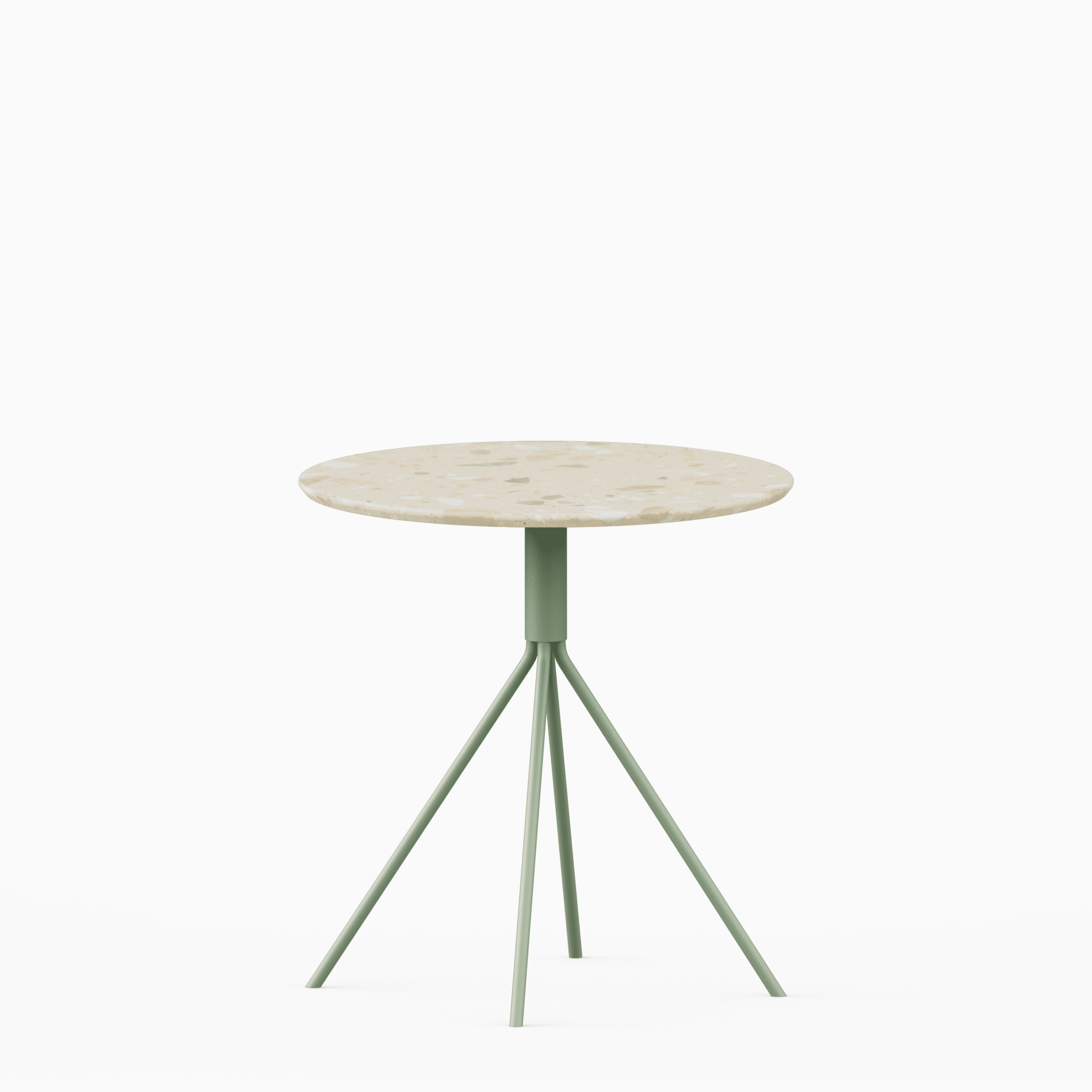 Round terrazzo table with speckled stone top and powdercoated aluminium base.