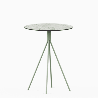 Round compact‑laminate dining table with aluminium base.