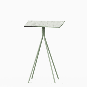 Square compact‑laminate dining table with aluminium base.