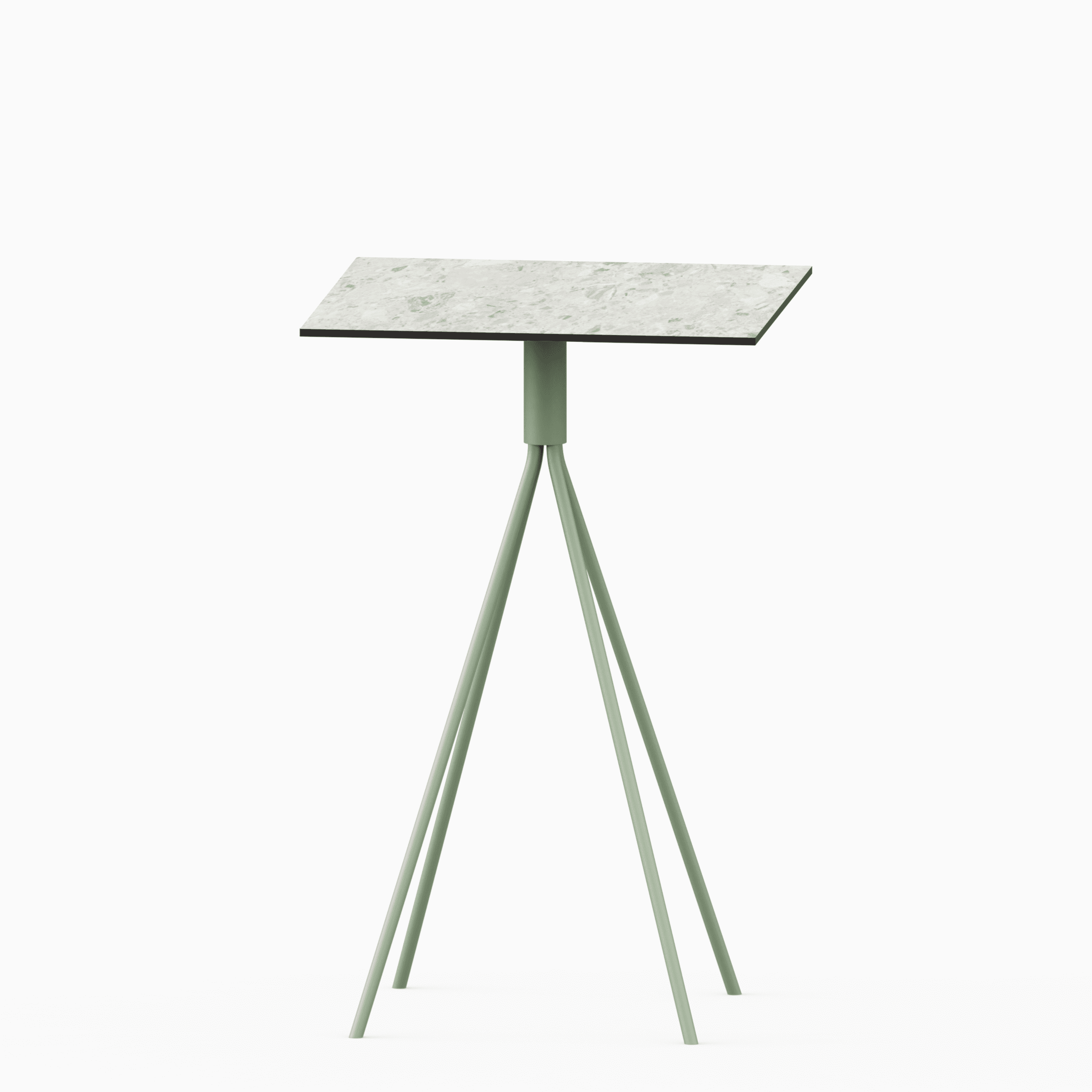 Square compact‑laminate dining table with aluminium base.